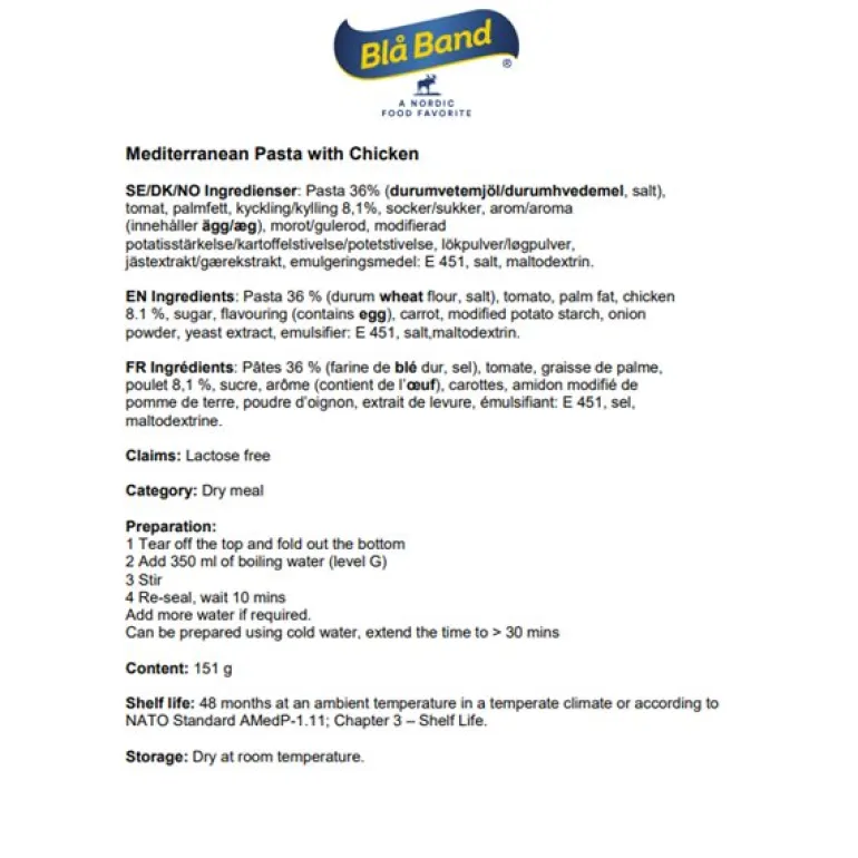 Blåband Expedition Meal. Medelhavspasta