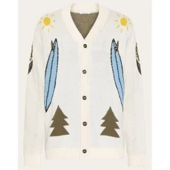 Jacquard Trees Yes Please V-Neck Cotton Egret