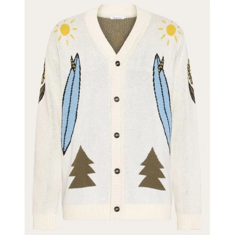Jacquard Trees Yes Please V-Neck Cotton Egret