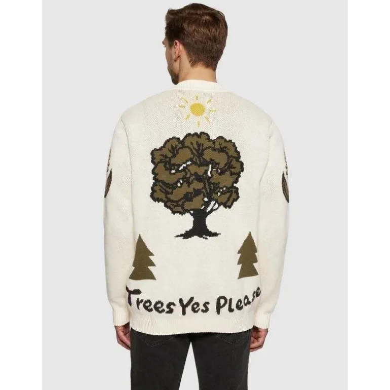 Jacquard Trees Yes Please V-Neck Cotton Egret
